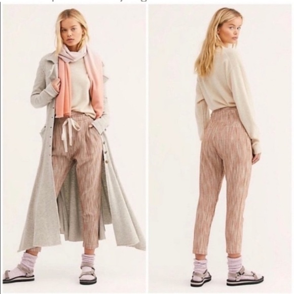 Free People Light At Sunrise Woven Cream/ Brown Crop Pants Size 4 - Picture 2 of 13